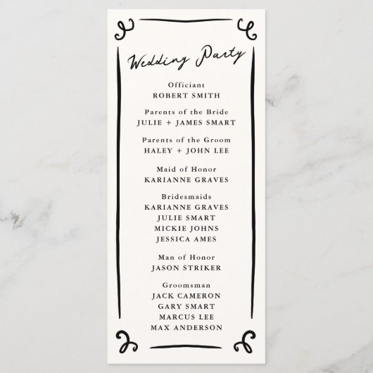 Whimsical Hand getrokken bruiloft programma + fees (Achterkant)