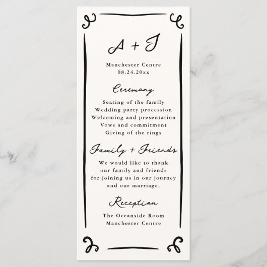 Whimsical Hand getrokken bruiloft programma + fees (Voorkant)