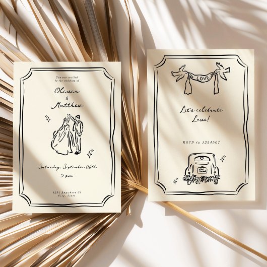 Whimsical Hand getrokken bruiloft romantisch Kaart