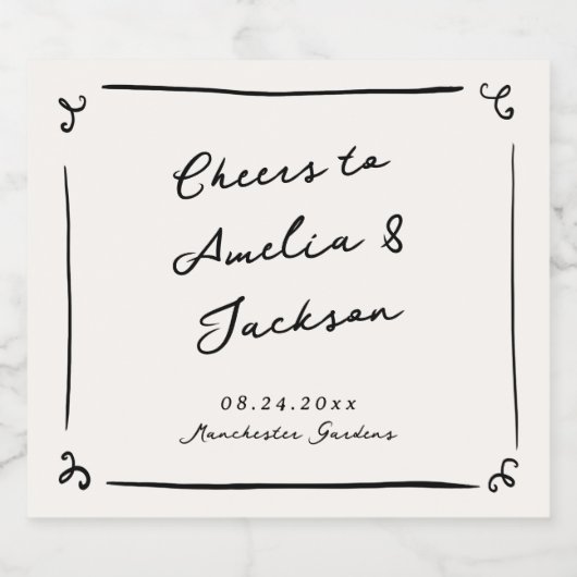 Whimsical Hand getrokken bruiloft Sparkling Wijnetiket (Enkel label)