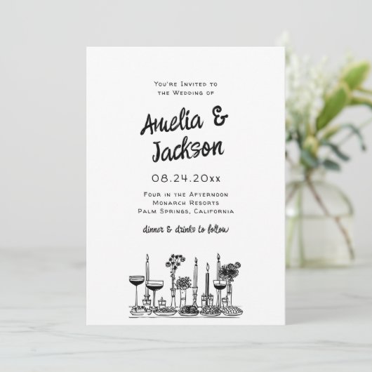 Whimsical Hand getrokken bruiloft uitnodiging (Staand voorkant)