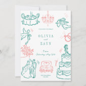 Whimsical Hand getrokken bruiloft uitnodiging turq (Voorkant)