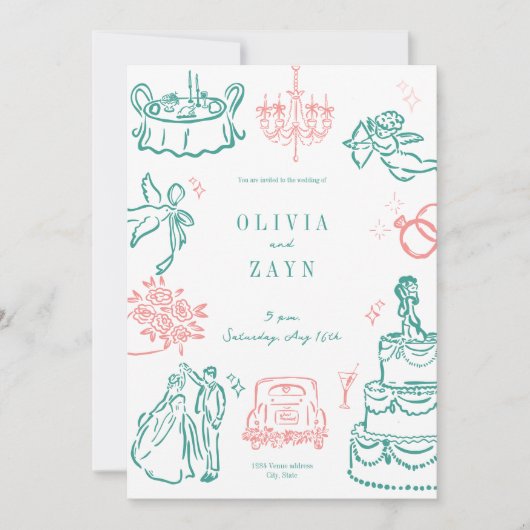 Whimsical Hand getrokken bruiloft uitnodiging turq (Voorkant)