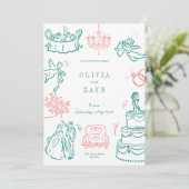 Whimsical Hand getrokken bruiloft uitnodiging turq (Staand voorkant)