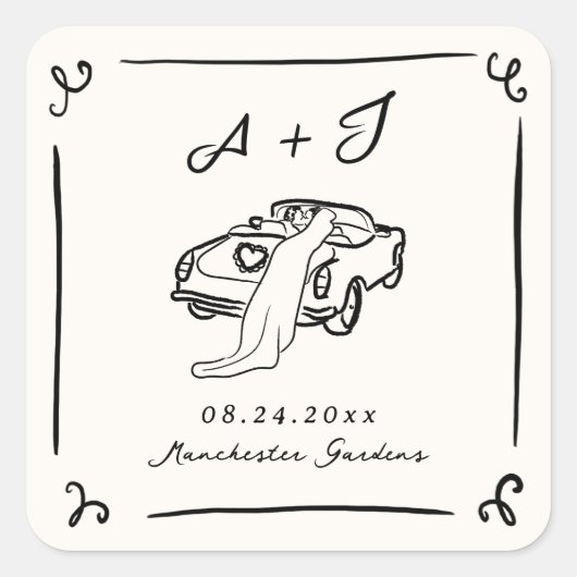 Whimsical Hand getrokken bruiloft Vierkante Sticker (Voorkant)