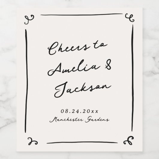 Whimsical Hand getrokken bruiloft Wijn Etiket (Enkel label)