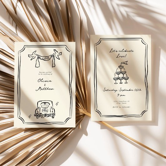 Whimsical Hand getrokken bruiloft zwart Kaart