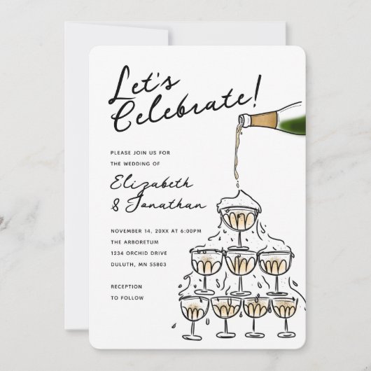 Whimsical Hand getrokken Champagne Toren bruiloft Kaart (Voorkant)