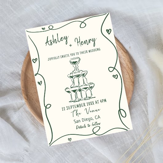 Whimsical Hand getrokken Champagne Toren bruiloft Kaart
