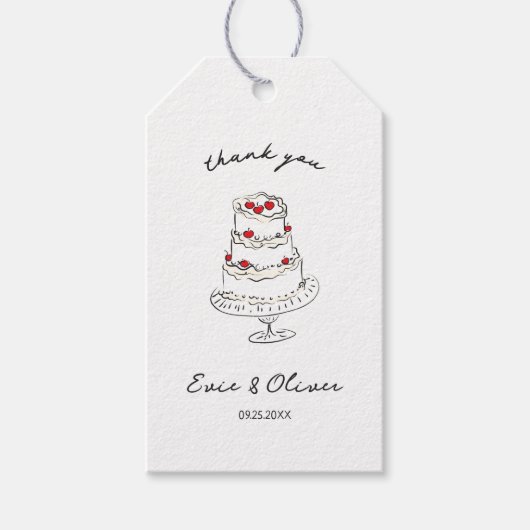 Whimsical Hand getrokken Cherry Cake Bruiloft Dank Cadeaulabel (Voorkant)