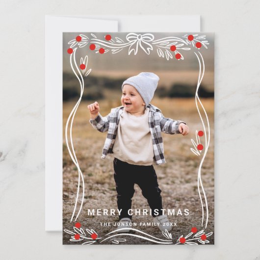 Whimsical Hand getrokken Christmas Bow Ribbon 2 Fo Feestdagenkaart (Voorkant)