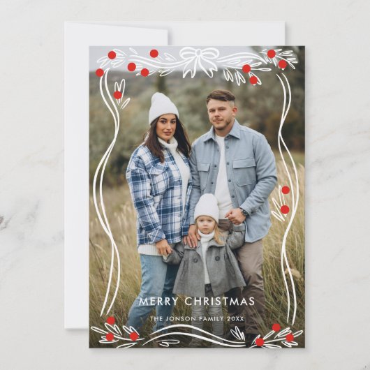 Whimsical Hand getrokken Christmas Bow Ribbon 3 Fo Feestdagenkaart (Voorkant)