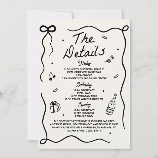 Whimsical Hand getrokken Cocktail Bachelorette Par Kaart (Achterkant)