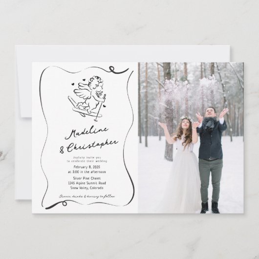 Whimsical Hand Getrokken Cupido Ski Fotobruiloft Kaart (Voorkant)