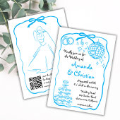 Whimsical Hand getrokken Doodle Blue Bow bruiloft Kaart