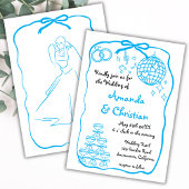 Whimsical Hand getrokken Doodle Blue Bow bruiloft Kaart