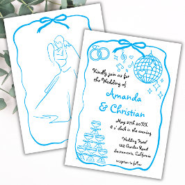 Whimsical Hand getrokken Doodle Blue Bow bruiloft Kaart