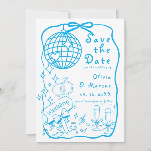 Whimsical Hand getrokken Doodle Blue bruiloft Save The Date (Voorkant)