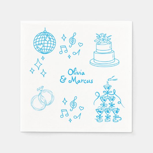 Whimsical Hand getrokken Doodle Blue bruiloft Servet (Voorkant)