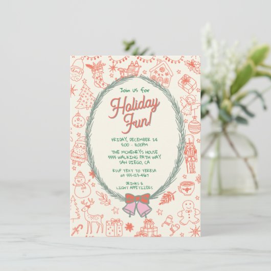 Whimsical hand getrokken doodle Christmas Party Kaart (Staand voorkant)