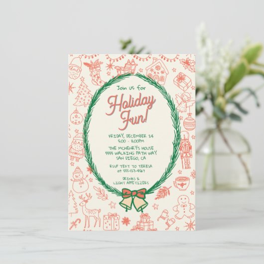 Whimsical hand getrokken doodle Christmas Party Kaart (Staand voorkant)