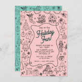 Whimsical hand getrokken doodle Christmas Party Kaart (Voorkant / Achterkant)