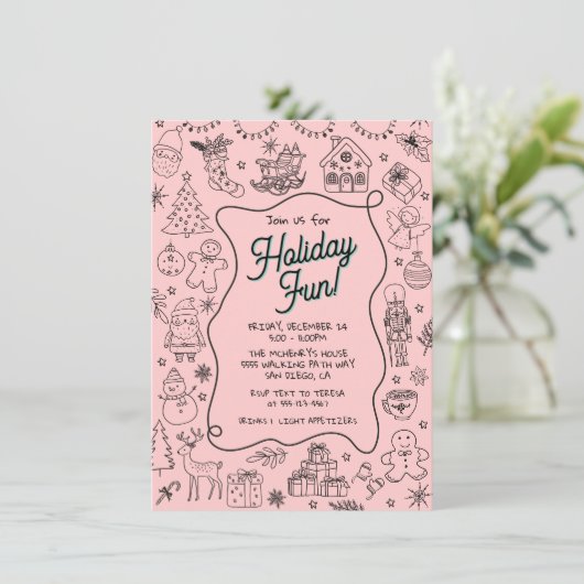 Whimsical hand getrokken doodle Christmas Party Kaart (Staand voorkant)