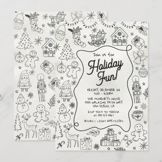 Whimsical hand getrokken doodle Christmas Party Kaart (Voorkant / Achterkant)