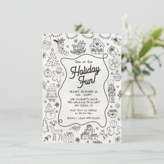 Whimsical hand getrokken doodle Christmas Party Kaart (Staand voorkant)