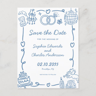 Whimsical Hand Getrokken Doodle Wedding Save the D Briefkaart
