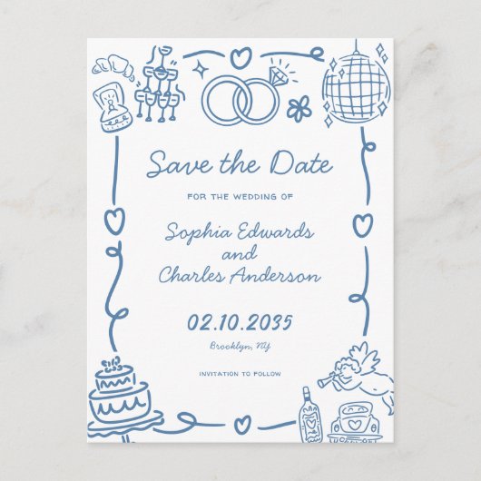 Whimsical Hand Getrokken Doodle Wedding Save the D Briefkaart (Voorkant)