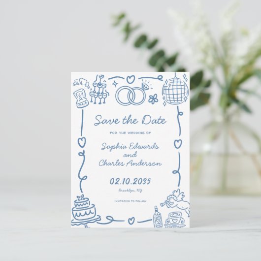 Whimsical Hand Getrokken Doodle Wedding Save the D Briefkaart (Staand voorkant)