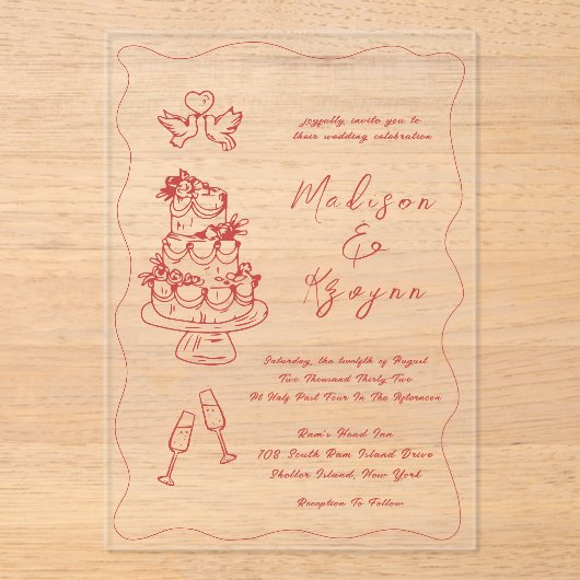 Whimsical Hand getrokken Doodles bruiloft Acryl Uitnodigingen (Voorkant)