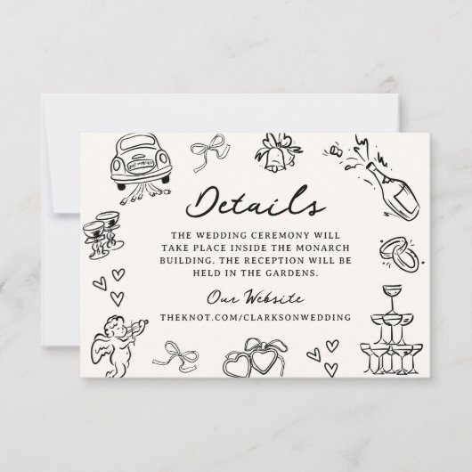 Whimsical Hand getrokken Doodles bruiloft details Kaart (Voorkant)
