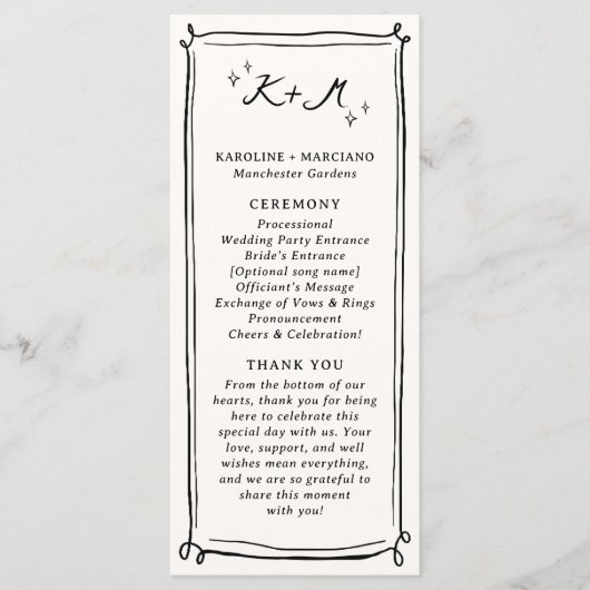 Whimsical Hand getrokken Doodles bruiloft Programmakaart (Voorkant)