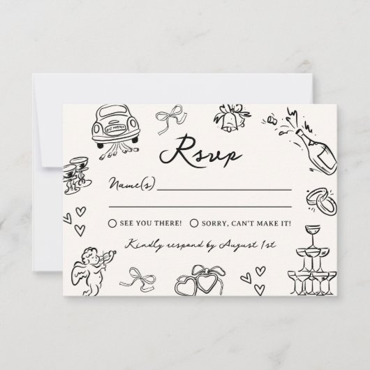 Whimsical Hand getrokken Doodles bruiloft RSVP Kaart (Voorkant)