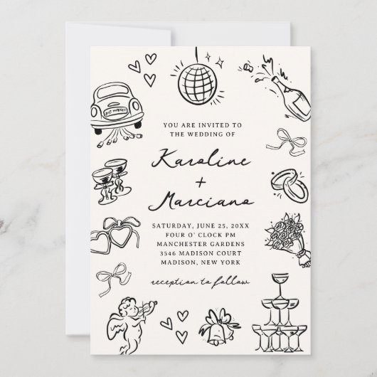 Whimsical Hand getrokken Doodles bruiloft uitnodig Kaart (Voorkant)