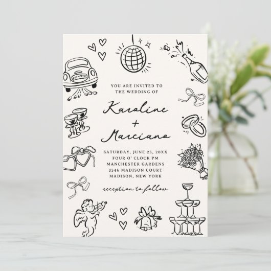 Whimsical Hand getrokken Doodles bruiloft uitnodig Kaart (Staand voorkant)