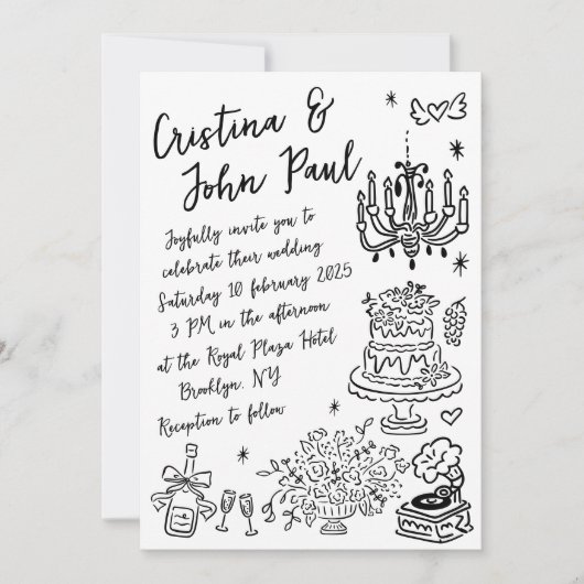 Whimsical Hand getrokken Doodles Franse stijl brui Kaart (Voorkant)