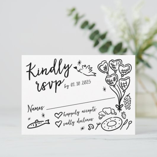 Whimsical Hand getrokken Doodles Franse stijl brui RSVP Kaartje (Staand voorkant)