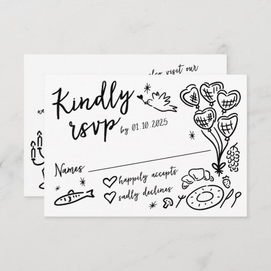 Whimsical Hand getrokken Doodles Franse stijl brui RSVP Kaartje (Voorkant / Achterkant)