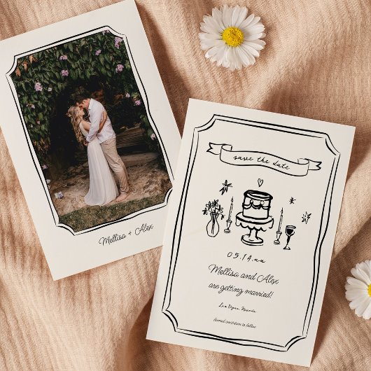Whimsical Hand getrokken eigenzinnige bruiloft fot Save The Date