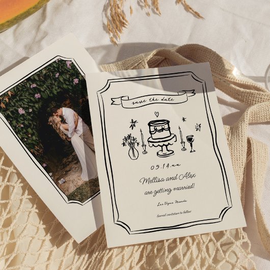 Whimsical Hand getrokken eigenzinnige bruiloft fot Save The Date