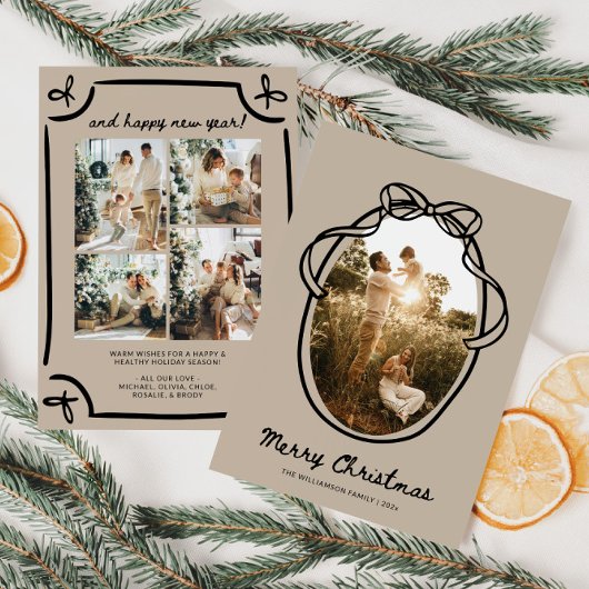 Whimsical Hand getrokken Familie Foto Kerstmis Feestdagenkaart