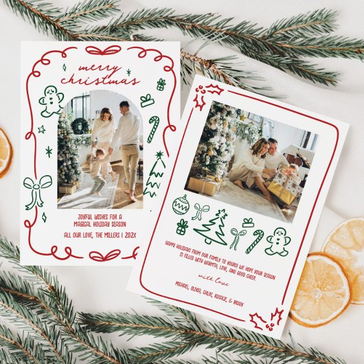 Whimsical Hand getrokken Familiefoto Feestdagenkaart