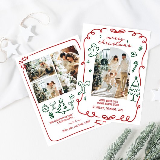 Whimsical Hand getrokken Familiefoto Feestdagenkaart