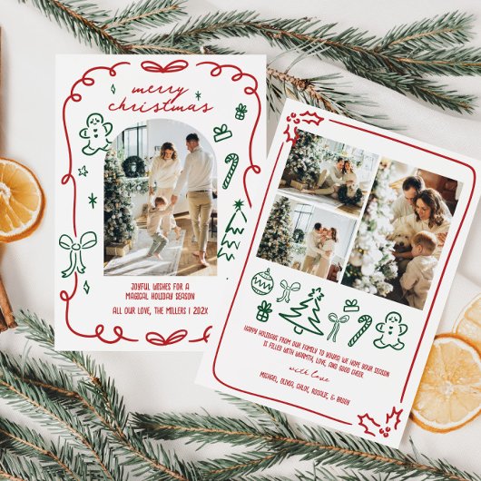 Whimsical Hand getrokken Familiefoto Feestdagenkaart