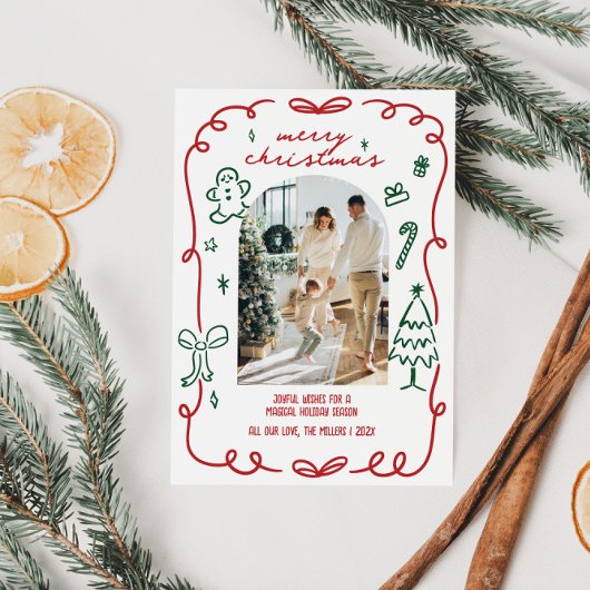 Whimsical Hand getrokken Familiefoto Feestdagenkaart