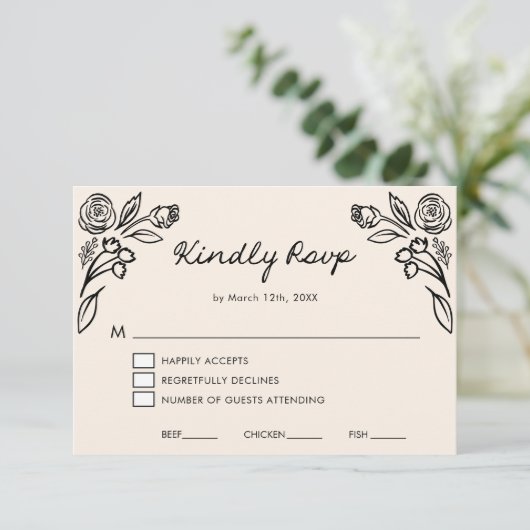 Whimsical Hand getrokken Floral bruiloft RSVP Kaar (Staand voorkant)