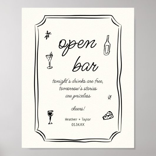 Whimsical Hand getrokken Frans Open Bar Teken Poster (Voorkant)